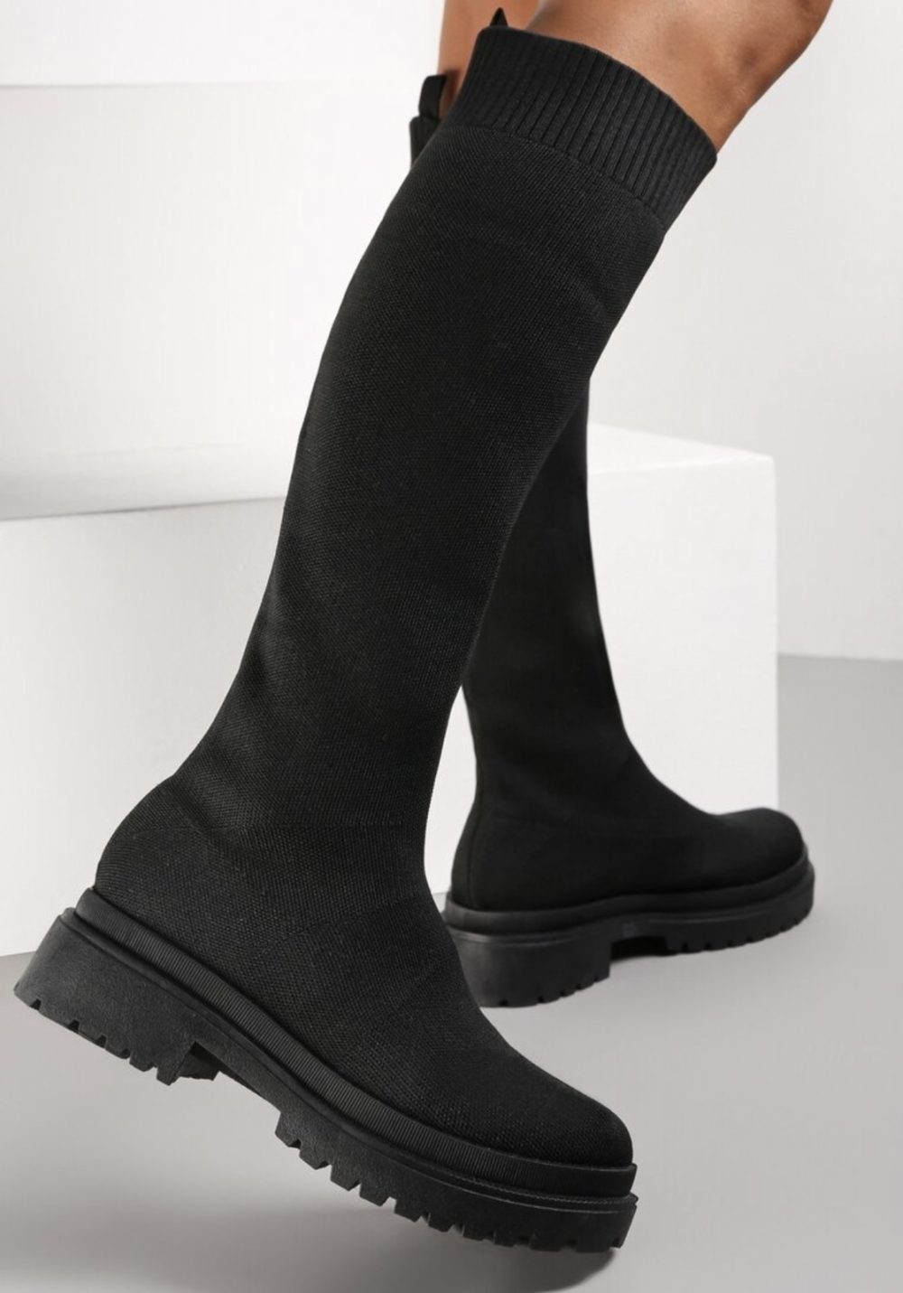 Black Knitted Boots with Chunky Sole
