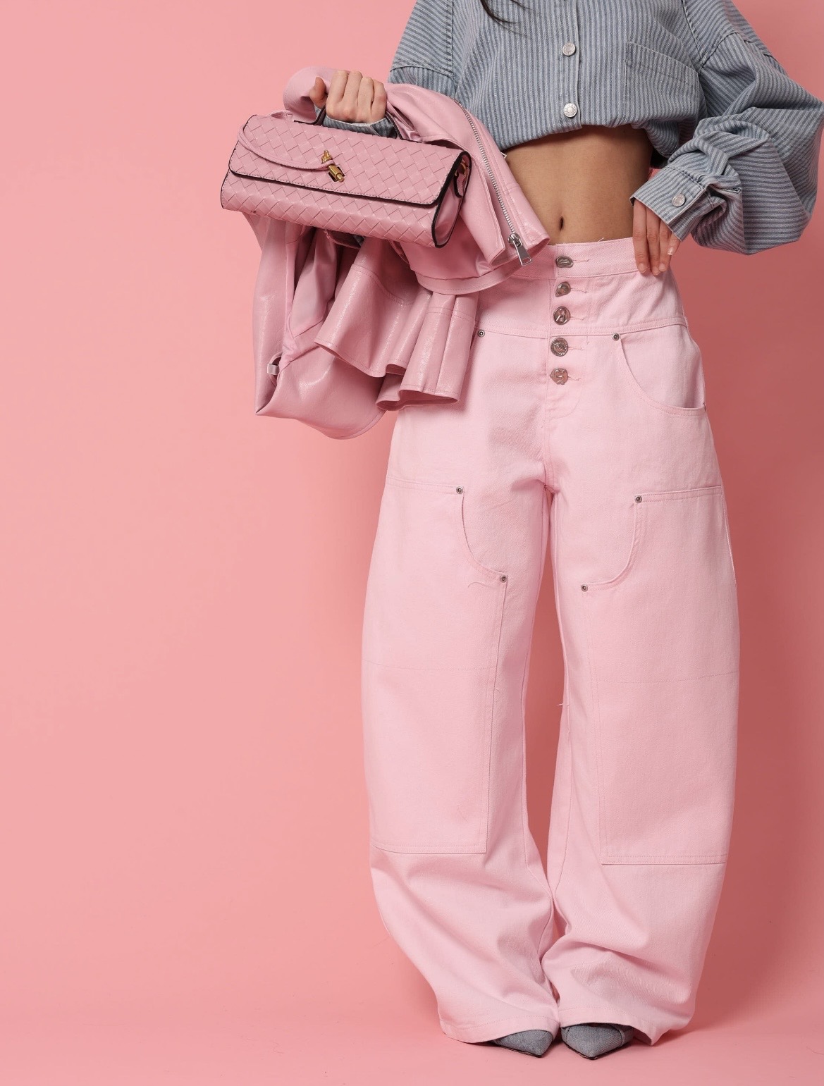 Ψηλόμεσο Wide-Leg Denim Παντελόνι με Ραφές