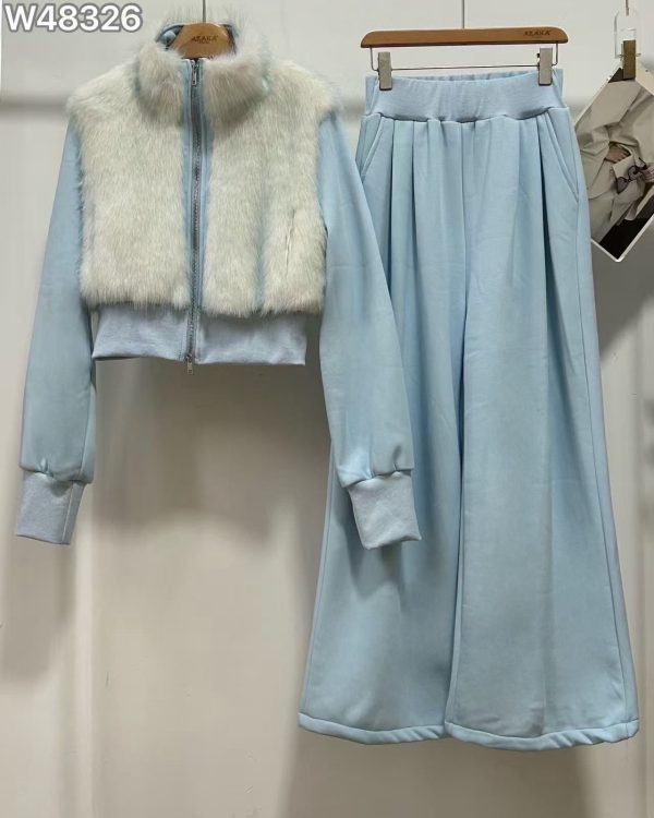 Σετ Φόρμας με Wide-Leg Παντελόνι & Faux Fur Cropped Vest