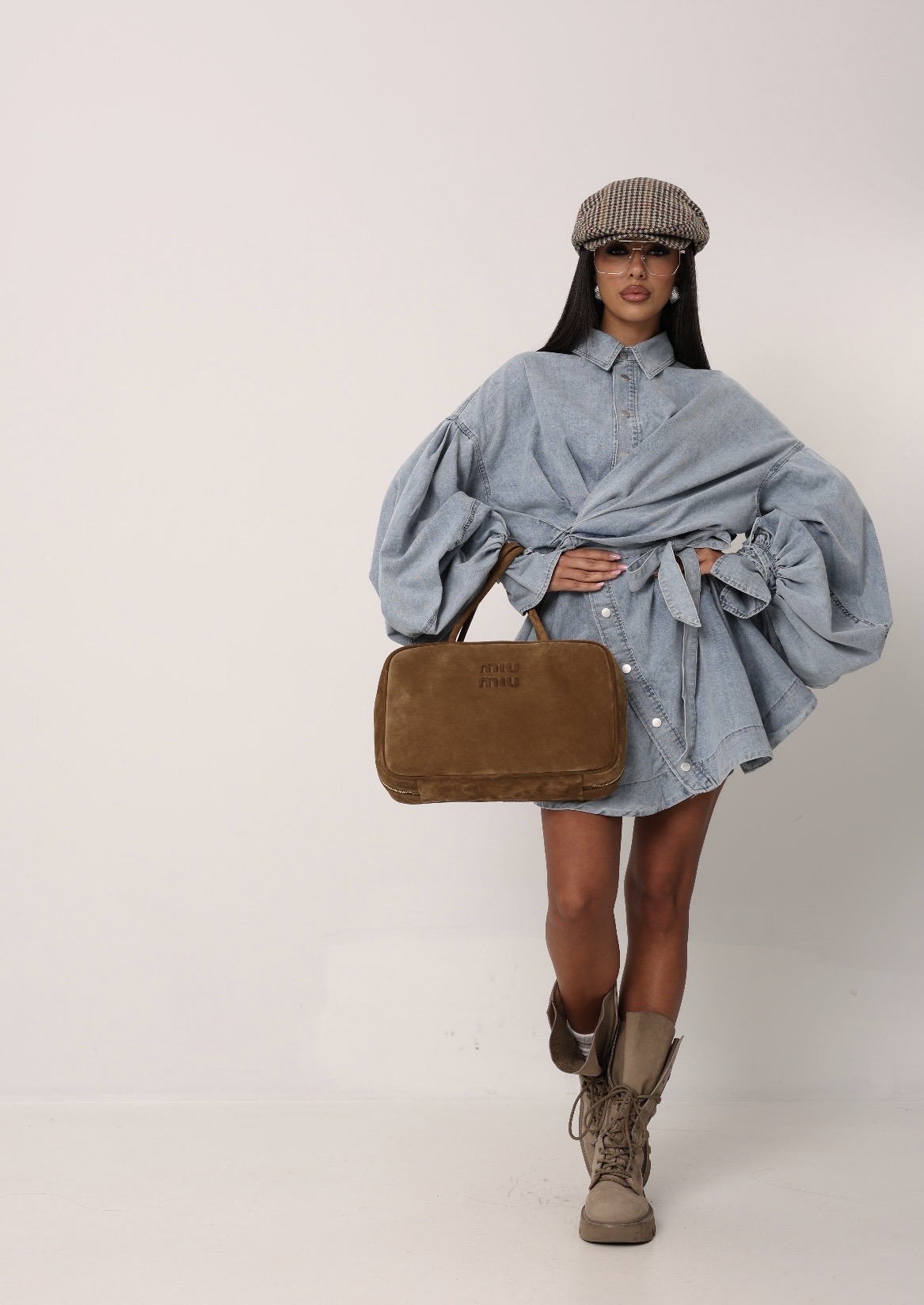Denim Mini Wrap Φόρεμα με Balloon Μανίκια