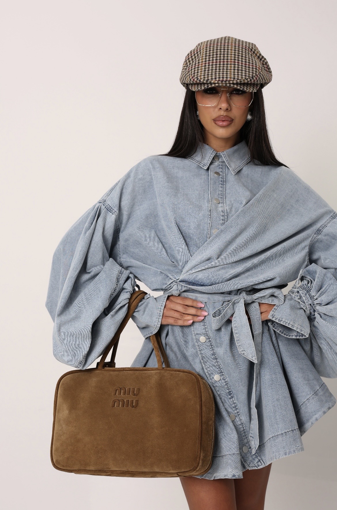 Denim Mini Wrap Φόρεμα με Balloon Μανίκια