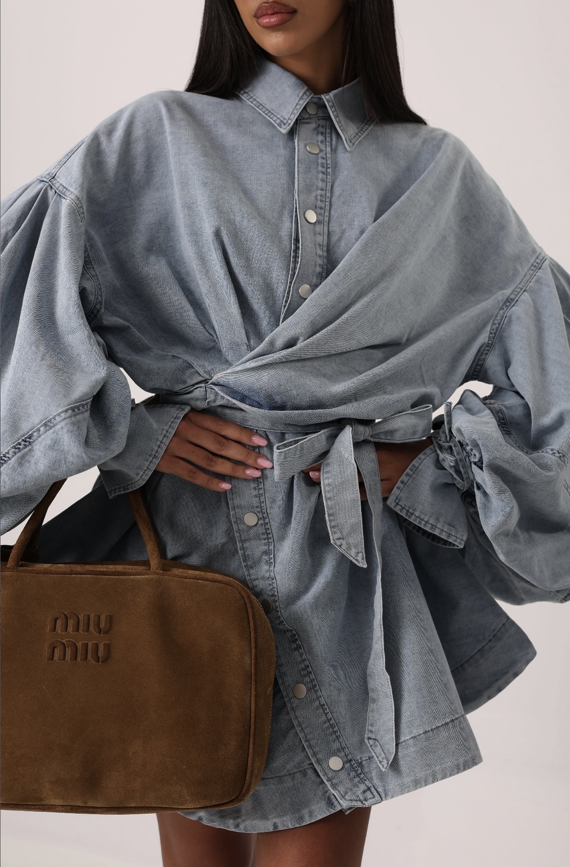 Denim Mini Wrap Φόρεμα με Balloon Μανίκια