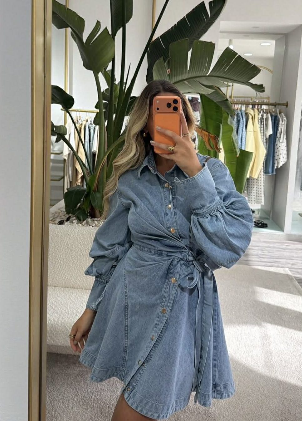 Denim Mini Wrap Φόρεμα με Balloon Μανίκια