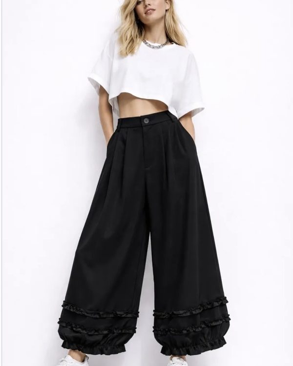 Ψηλόμεσο Wide Leg Παντελόνι με Βολάν Λεπτομέρεια