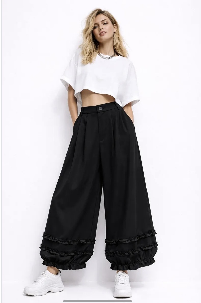 Ψηλόμεσο Wide Leg Παντελόνι με Βολάν Λεπτομέρεια