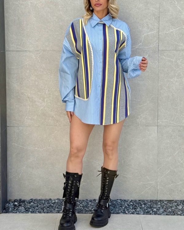 Oversized Ριγέ Shirt με Patch Design & Statement Μανίκια