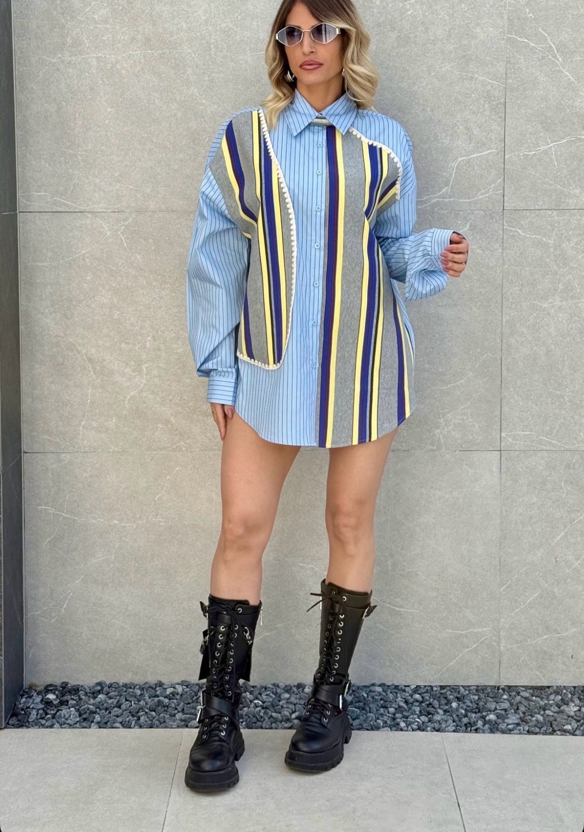 Oversized Ριγέ Shirt με Patch Design & Statement Μανίκια