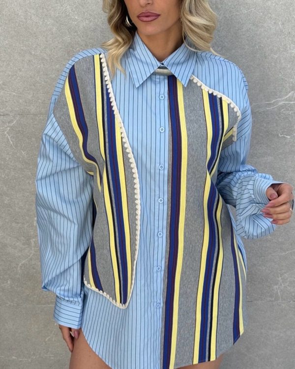 Oversized Ριγέ Shirt με Patch Design & Statement Μανίκια
