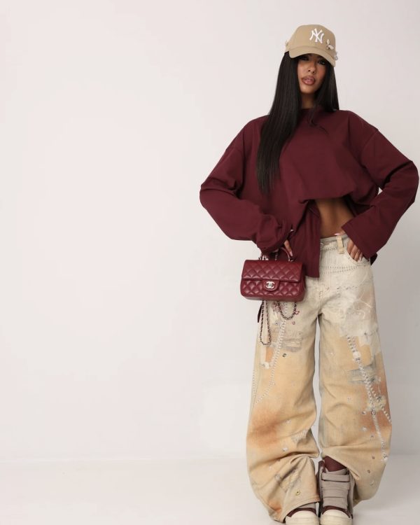 Baggy Τζιν Παντελόνι με Vintage Wash & Strass Λεπτομέρειες