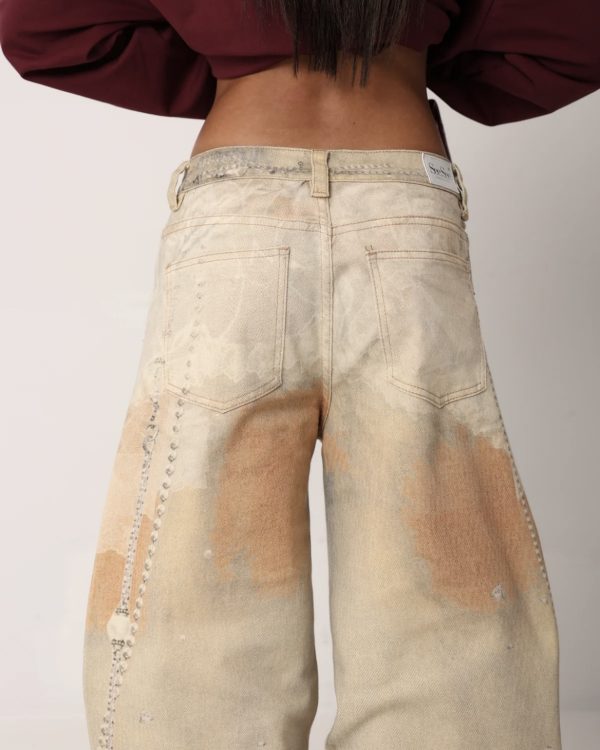 Baggy Τζιν Παντελόνι με Vintage Wash & Strass Λεπτομέρειες