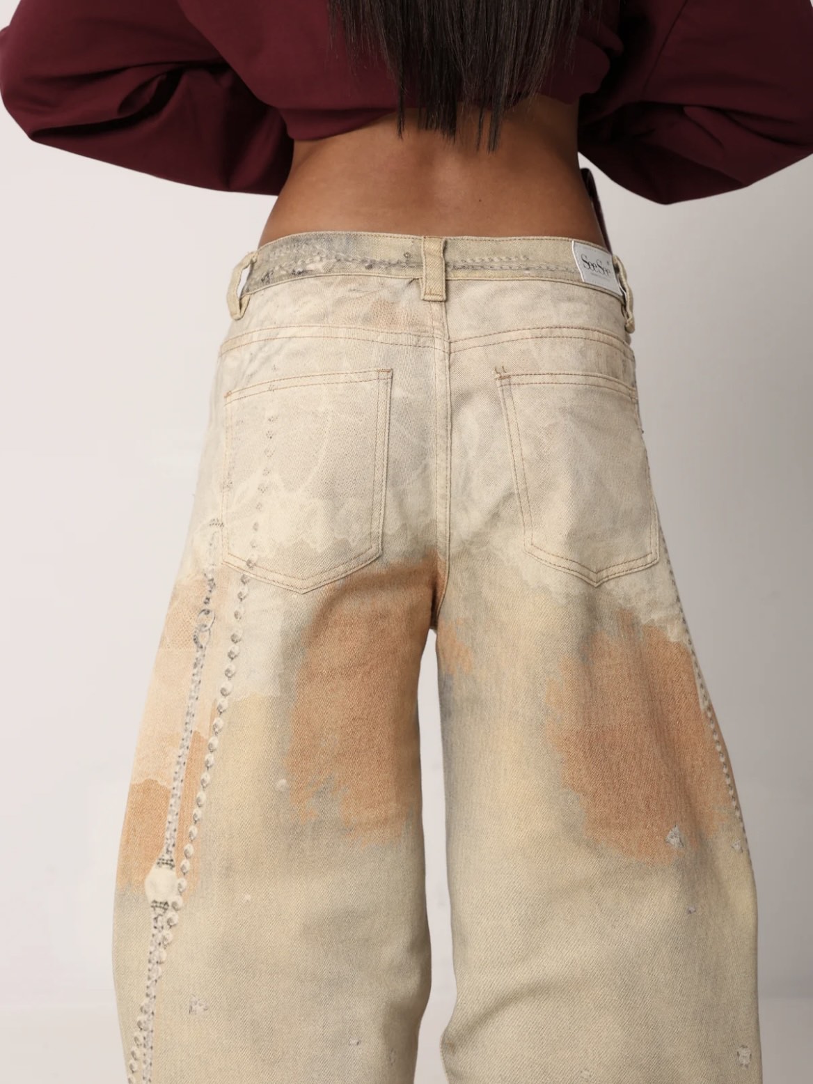 Baggy Τζιν Παντελόνι με Vintage Wash & Strass Λεπτομέρειες