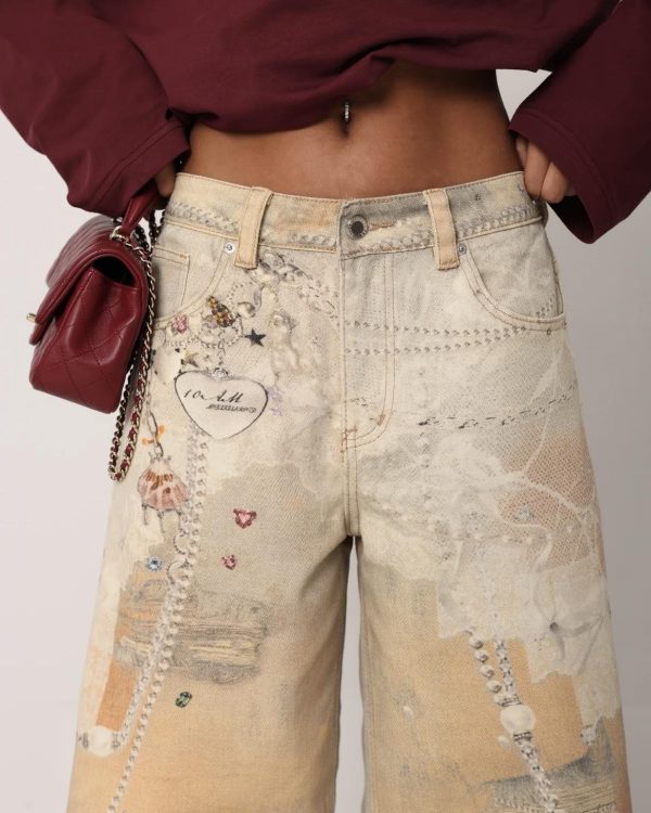 Baggy Τζιν Παντελόνι με Vintage Wash & Strass Λεπτομέρειες