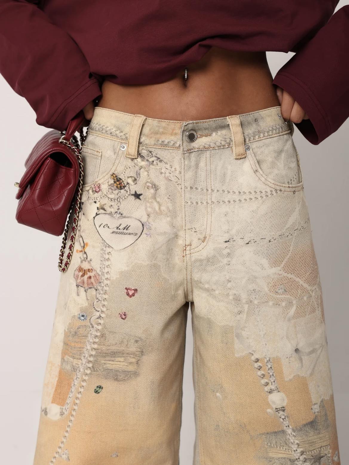 Baggy Τζιν Παντελόνι με Vintage Wash & Strass Λεπτομέρειες