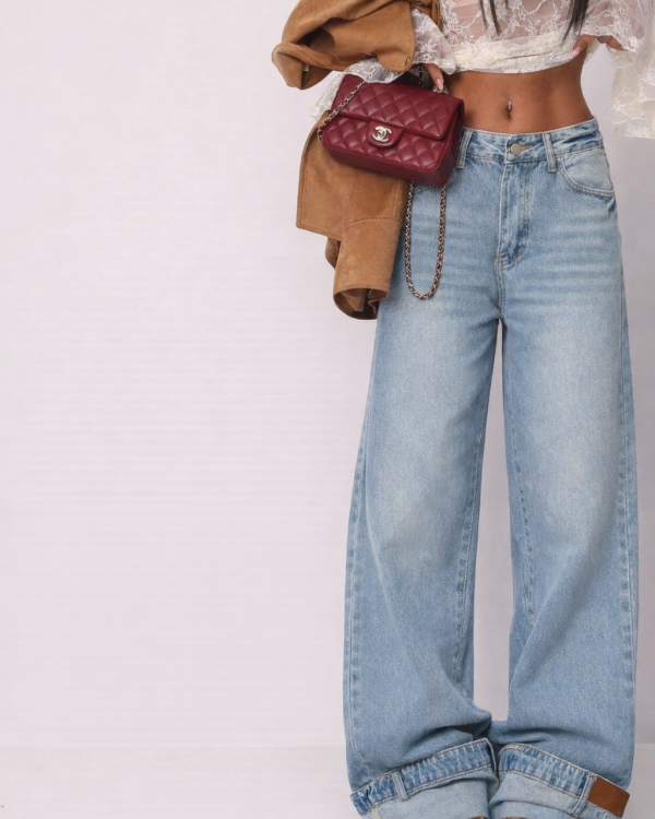 Denim Wide Leg Παντελόνα με Ρεβέρ