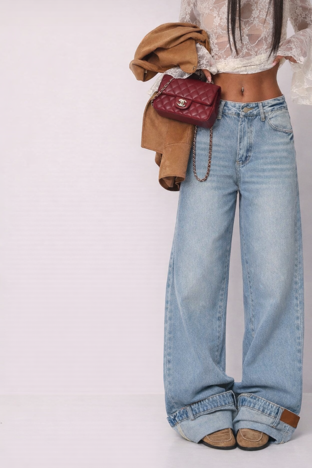 Denim Wide Leg Παντελόνα με Ρεβέρ