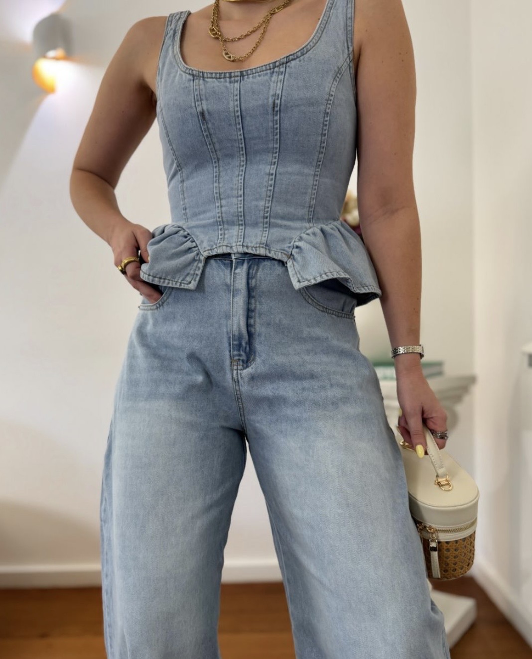 Wide Leg Set με Corset Top & Peplum Λεπτομέρεια