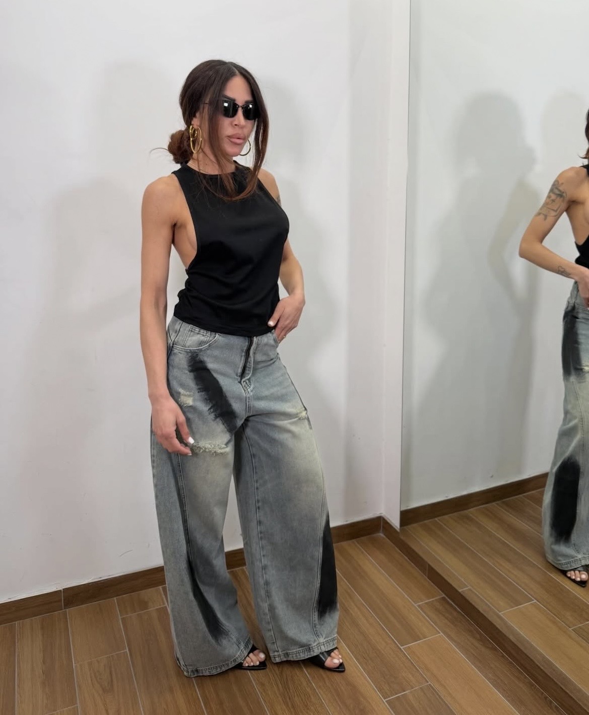 Denim Wide Leg Παντελόνα με Vintage Washed Effect