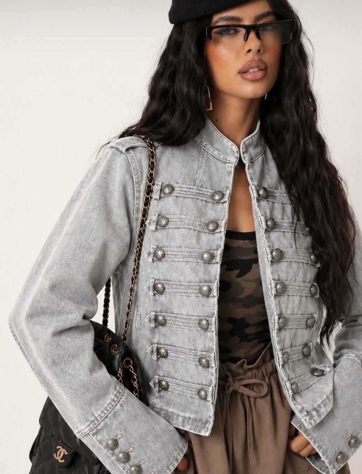 Denim Military Jacket με Διακοσμητικά Κουμπιά