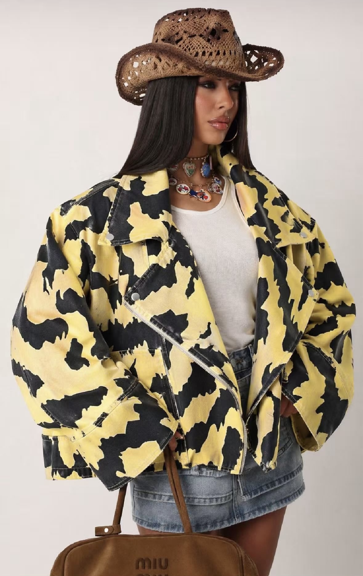 Cow Print Denim Jacket Oversized