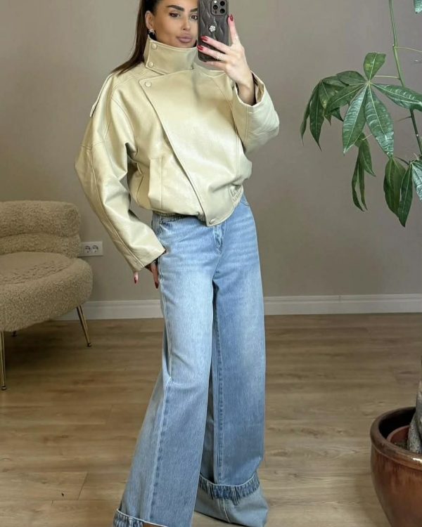 Denim Wide Leg Παντελόνα με Ρεβέρ