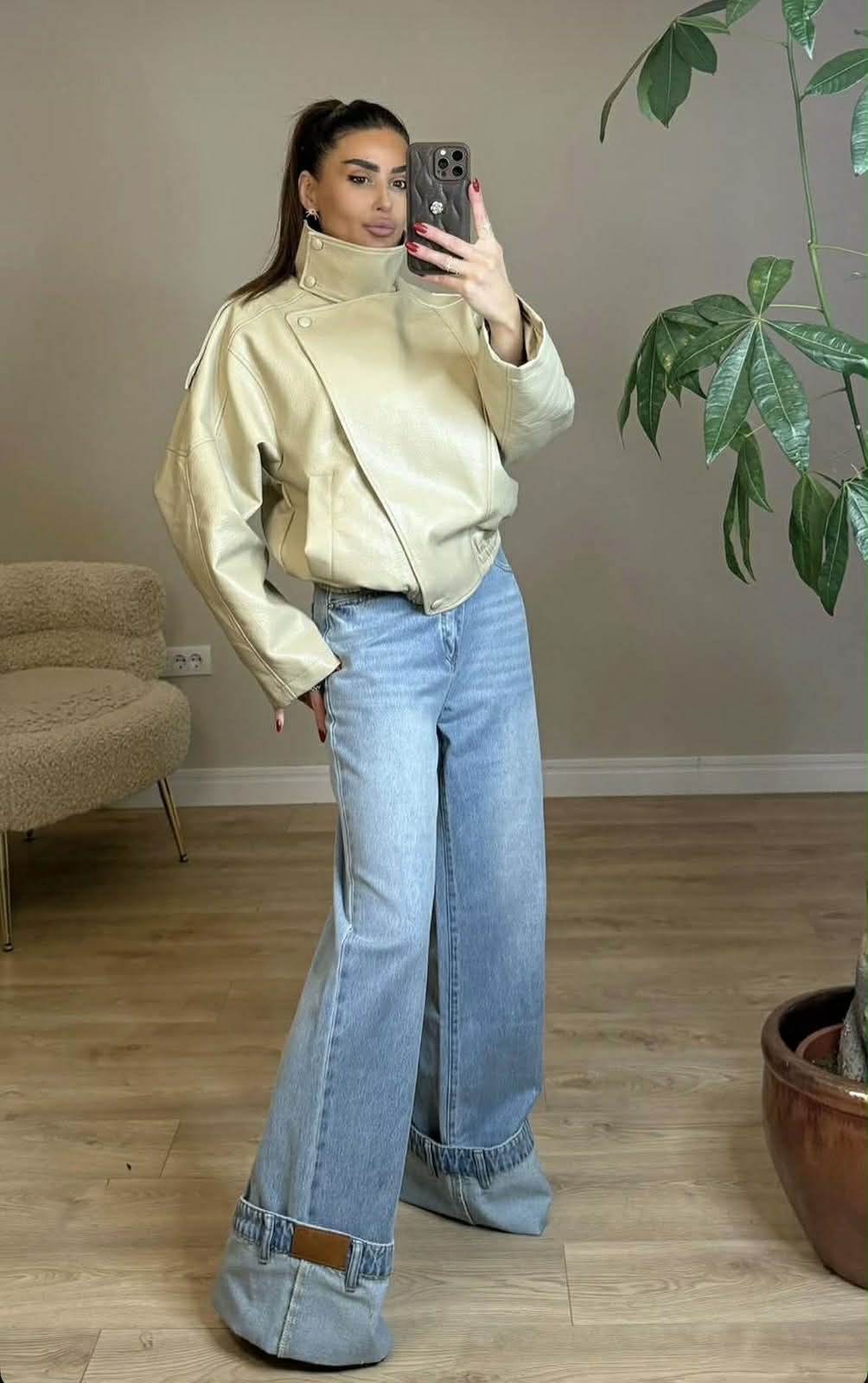 Denim Wide Leg Παντελόνα με Ρεβέρ