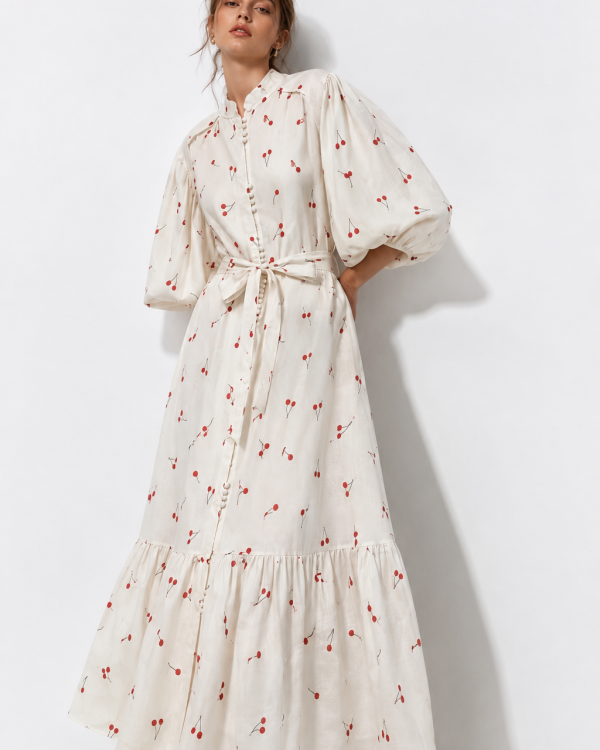 Cherry Bloom Linen Maxi Dress