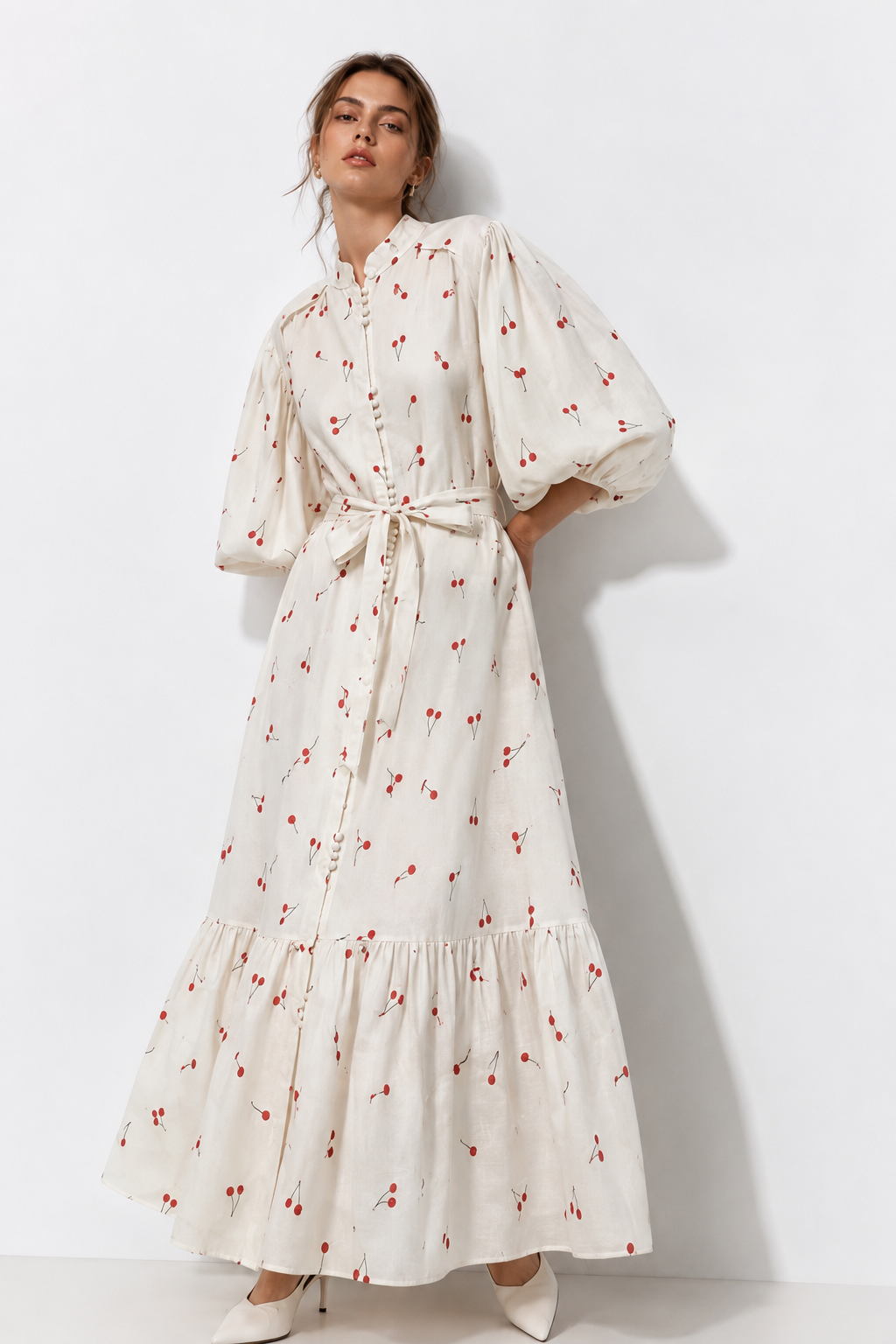 Cherry Bloom Linen Maxi Dress
