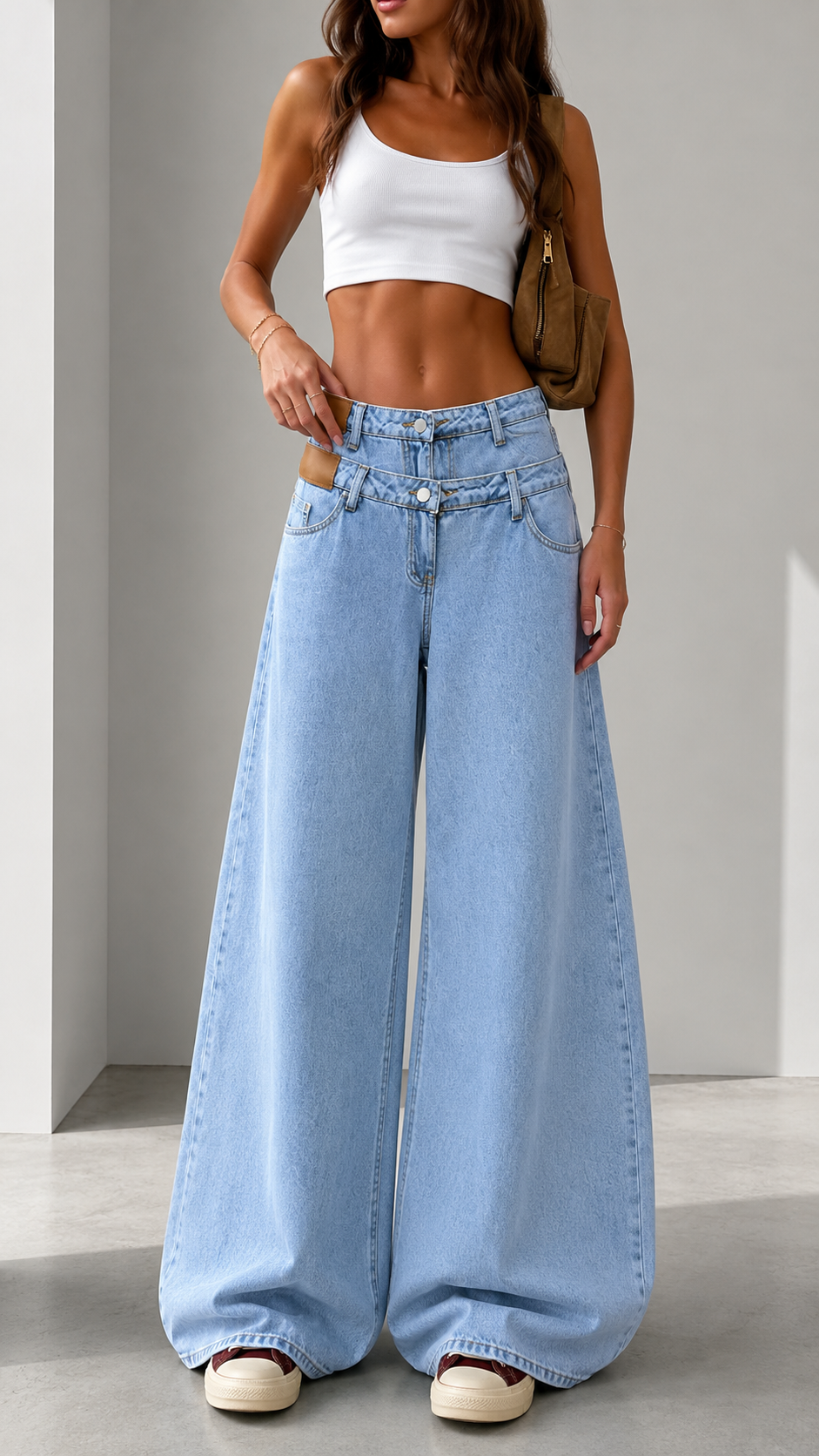 Double Waist Wide Leg Denim Jeans