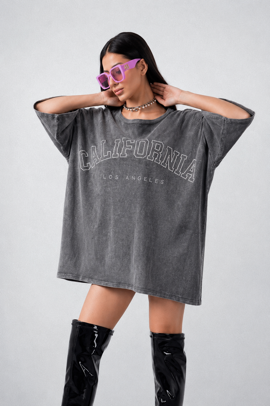 California Strass Oversized T-Shirt Dress Grey