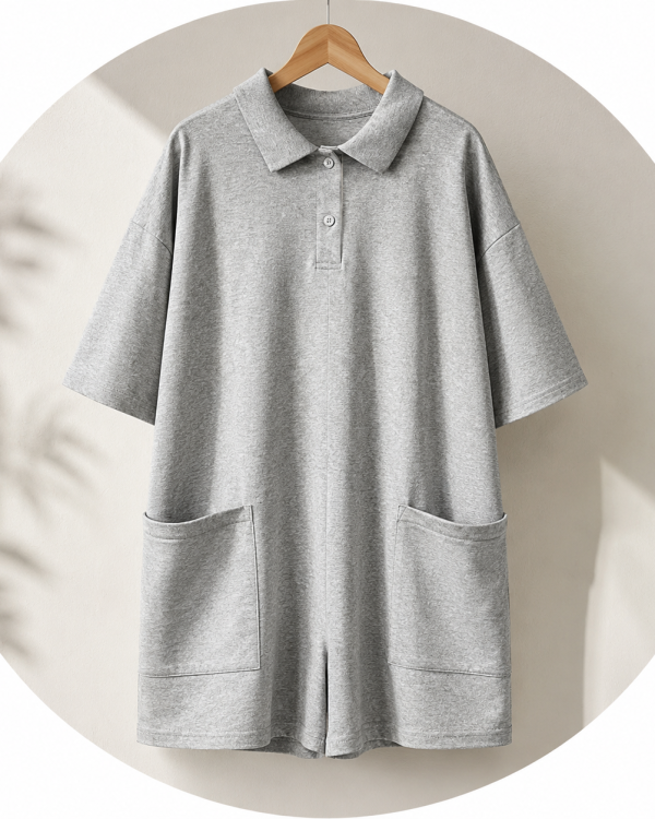 Cotton Polo Playsuit με Τσέπες – Γκρι