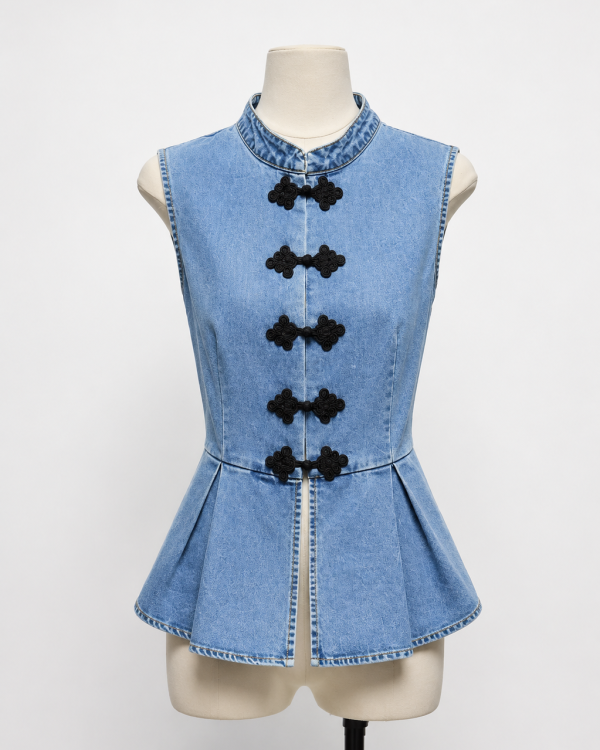 Denim Peplum Top με Oriental Κούμπωμα