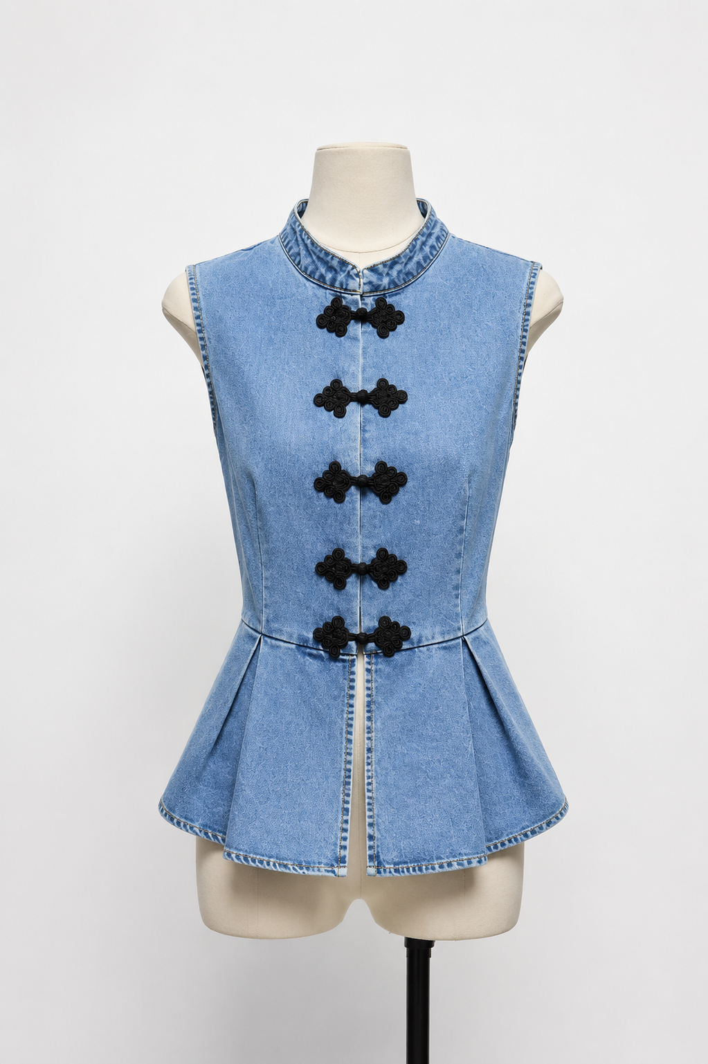 Denim Peplum Top με Oriental Κούμπωμα