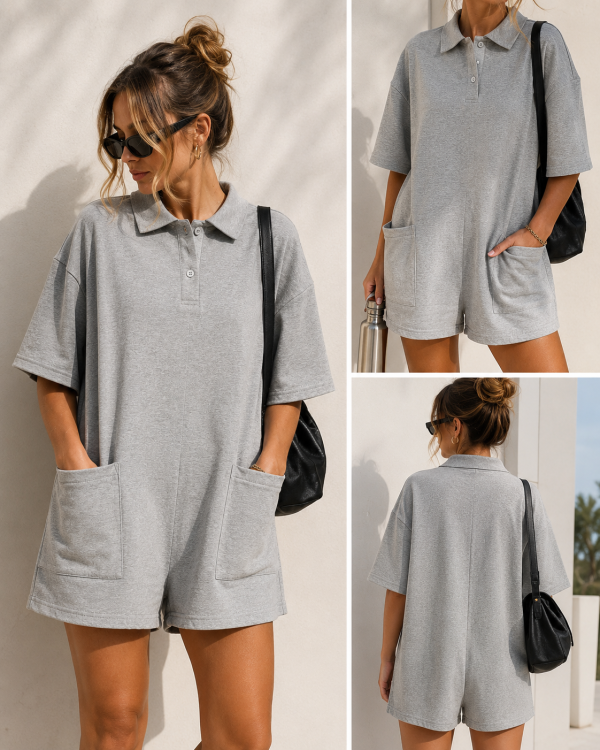 Cotton Polo Playsuit με Τσέπες – Γκρι