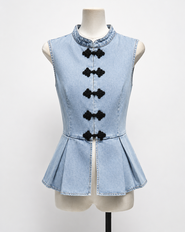 Denim Peplum Top με Oriental Κούμπωμα