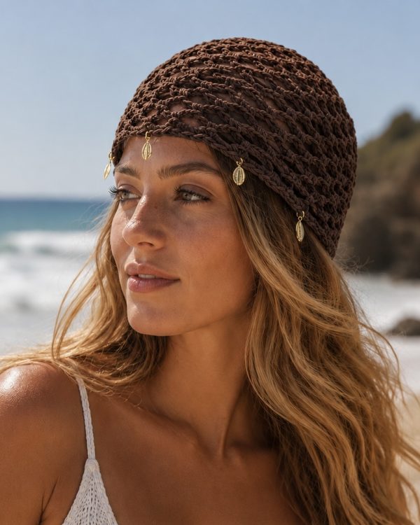 Πλεκτό Διχτυωτό Beach Bonnet με Διακοσμητικά Κοχύλια