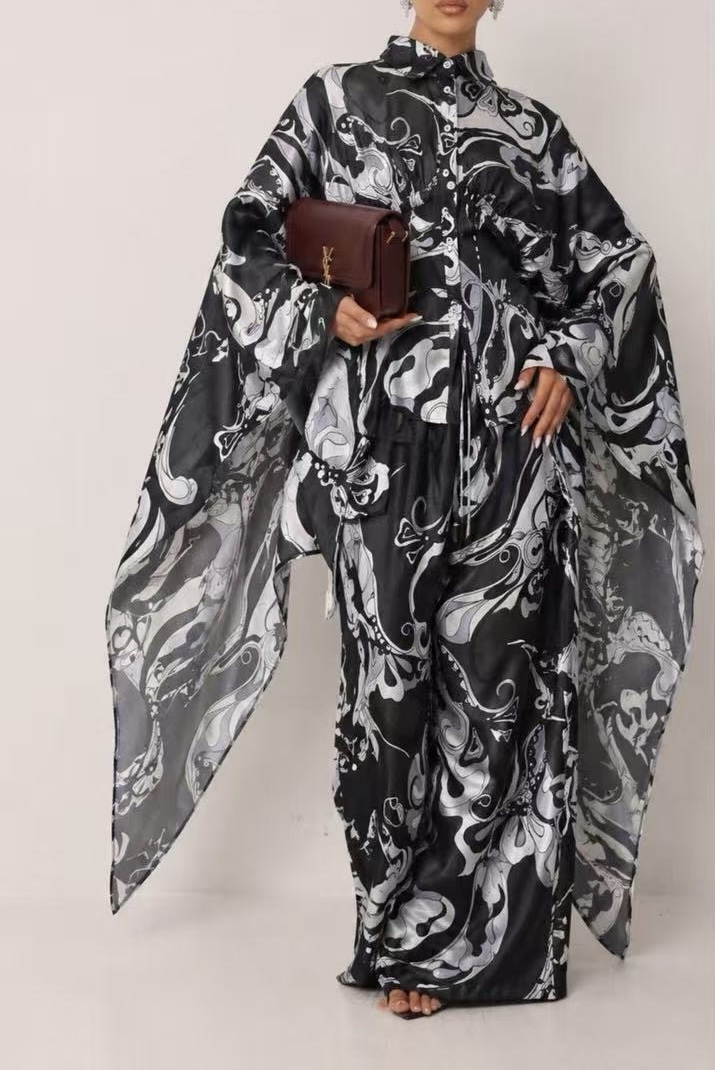 Noir Marble Linen Set – 100% Λινό Σετ με Kimono Μανίκια