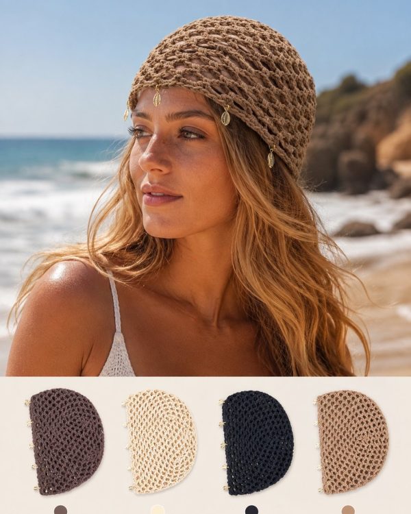 Πλεκτό Διχτυωτό Beach Bonnet με Διακοσμητικά Κοχύλια