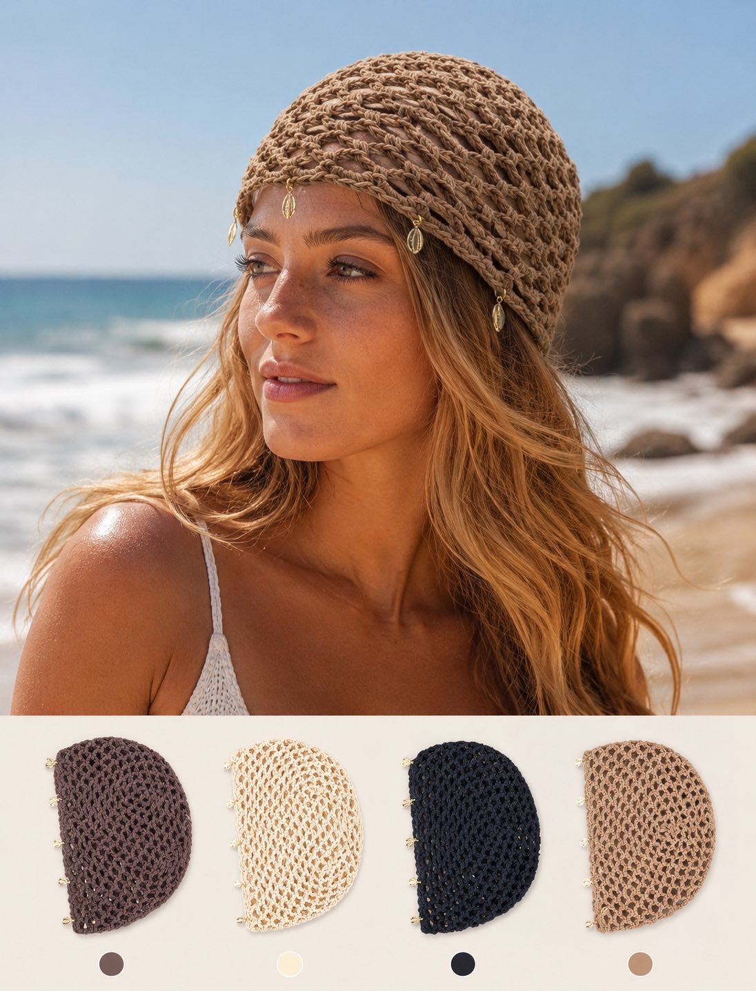 Πλεκτό Διχτυωτό Beach Bonnet με Διακοσμητικά Κοχύλια