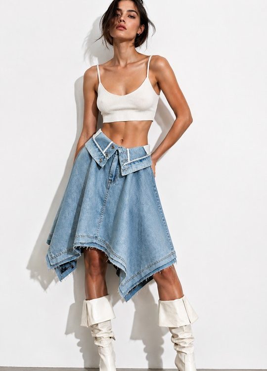 Denim Ασύμμετρη Φούστα με Fold-Over Μέση – 100% Βαμβάκι