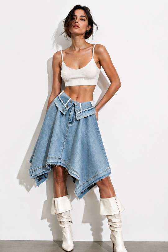 Denim Ασύμμετρη Φούστα με Fold-Over Μέση – 100% Βαμβάκι
