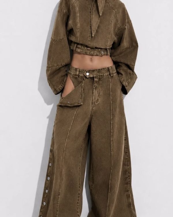 Premium Denim Co-Ord Set με Crop Jacket & Wide Leg Παντελόνα