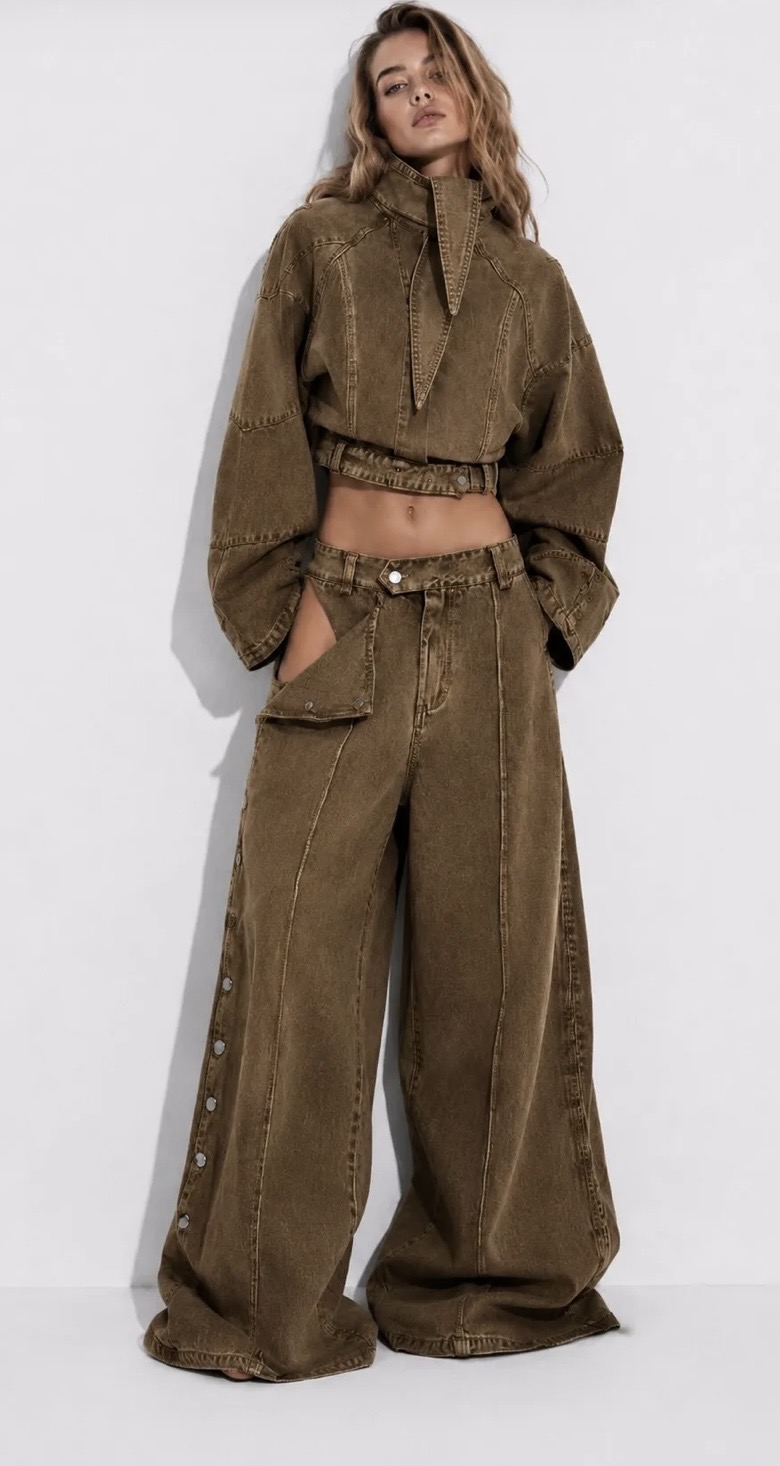 Premium Denim Co-Ord Set με Crop Jacket & Wide Leg Παντελόνα