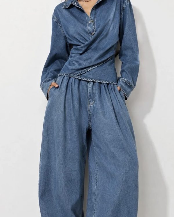 Denim Co-Ord Set με Draped Πουκάμισο & Balloon Παντελόνα
