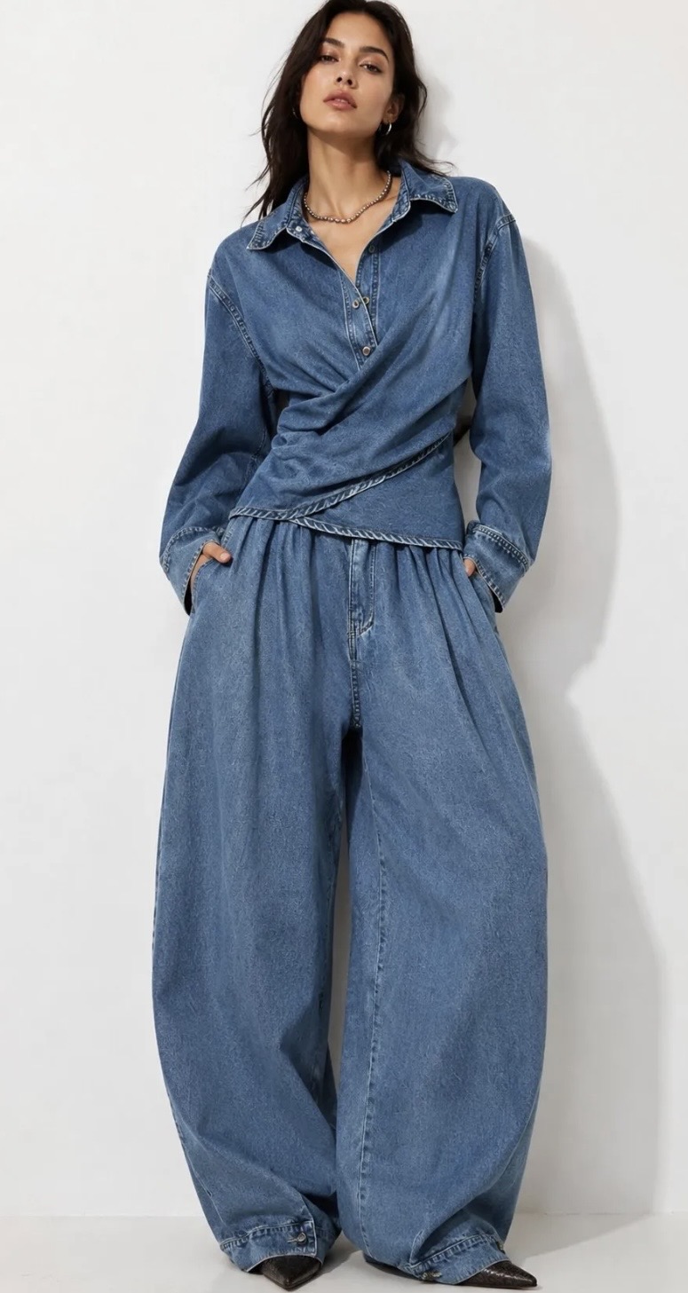 Denim Co-Ord Set με Draped Πουκάμισο & Balloon Παντελόνα