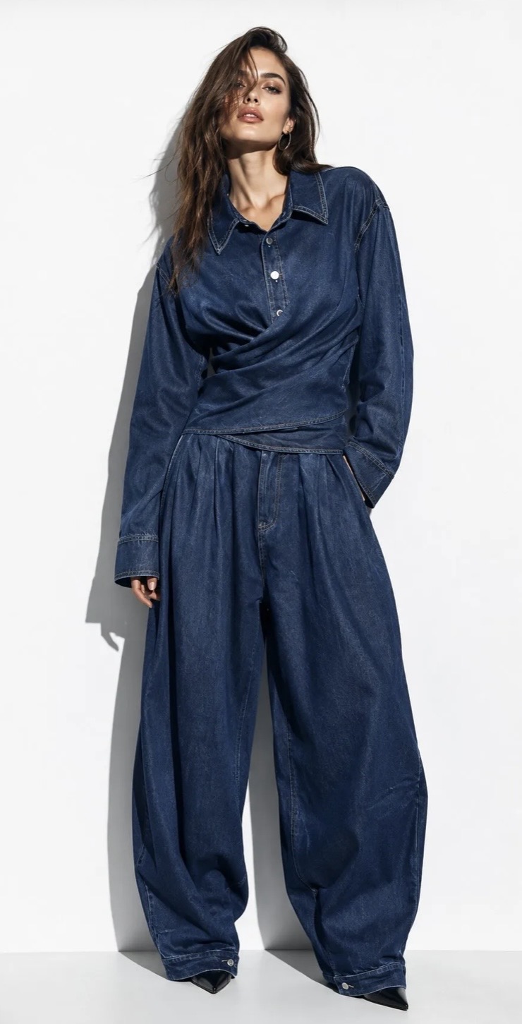 Denim Co-Ord Set με Draped Πουκάμισο & Balloon Παντελόνα