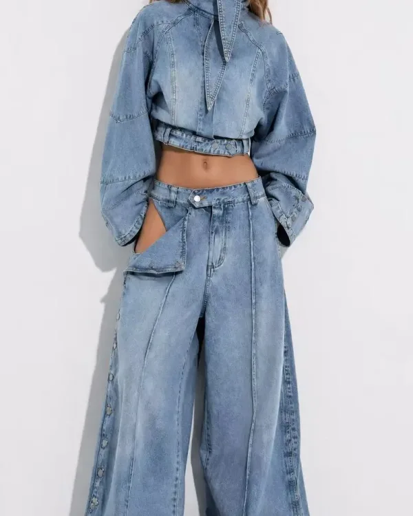 Premium Denim Co-Ord Set με Crop Jacket & Wide Leg Παντελόνα