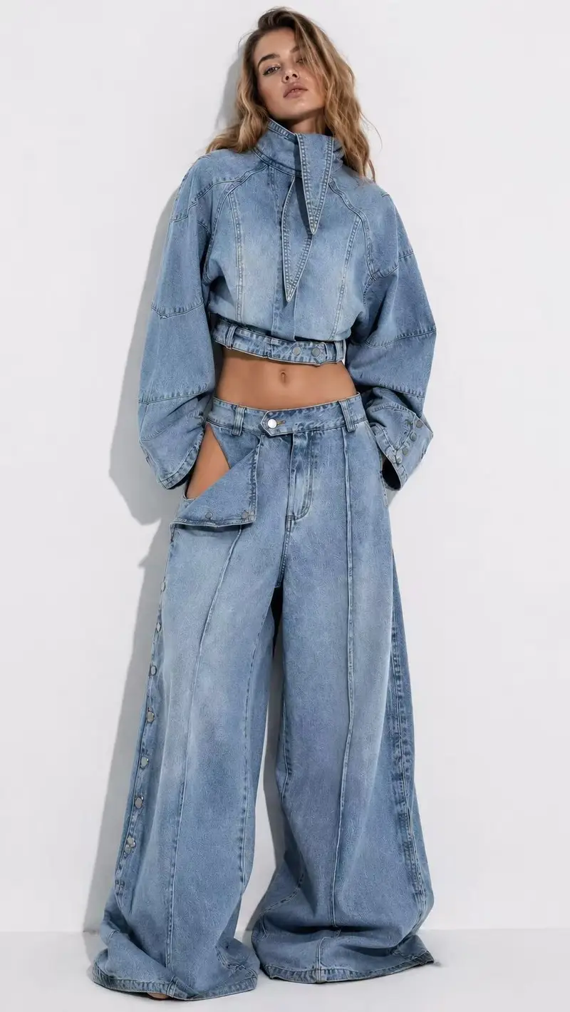 Premium Denim Co-Ord Set με Crop Jacket & Wide Leg Παντελόνα