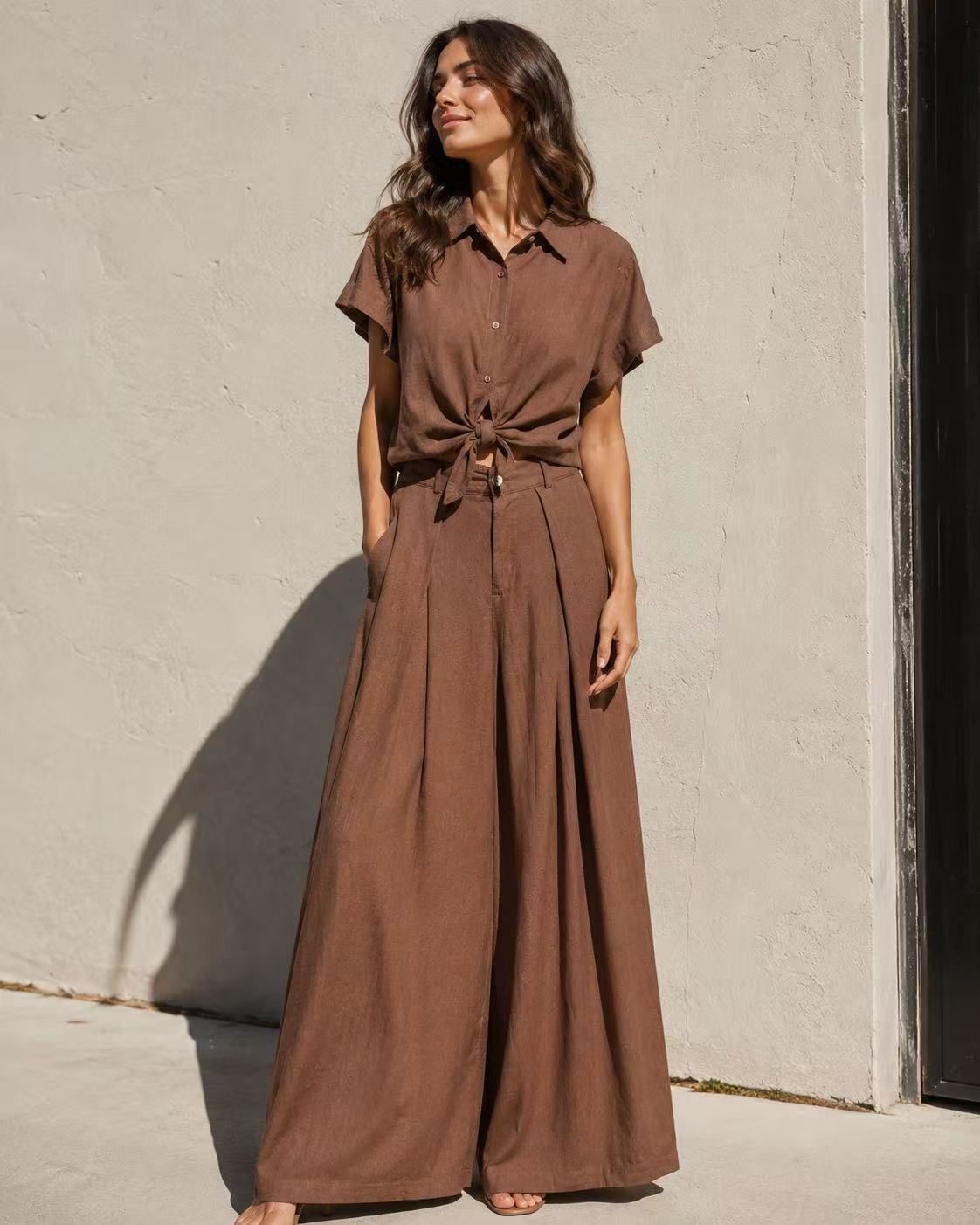 Luna Linen Co-ord Set – Πουκάμισο & Wide Leg Παντελόνα