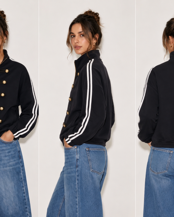 Bomber Jacket με Χρυσά Κουμπιά, Ψηλό Λαιμό & Ριγέ Μανίκια