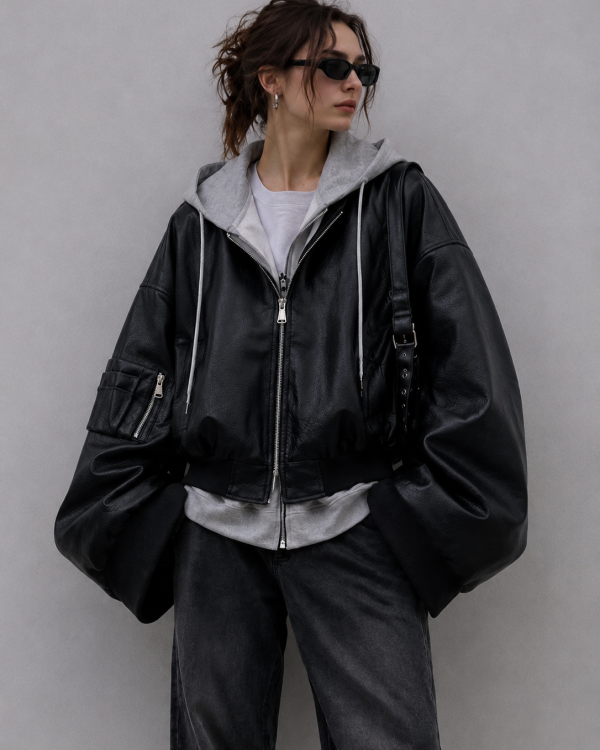 Oversized Leather Bomber Jacket με Hoodie